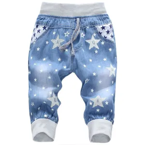 Kids Jeans Elastic Waist Straight Bear Pattern Denim Seventh Pants Retail Boy Jeans For 2-5 Years WB142