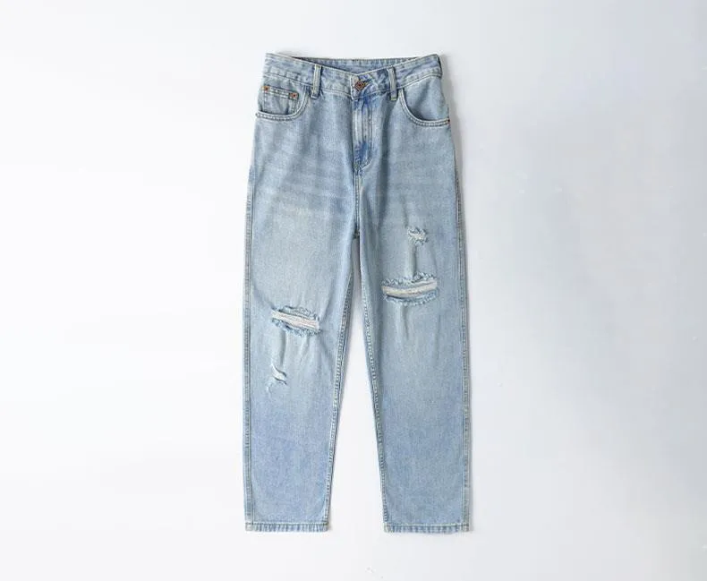 Loose Straight-Fit Ripped Jeans, Handmade Denim