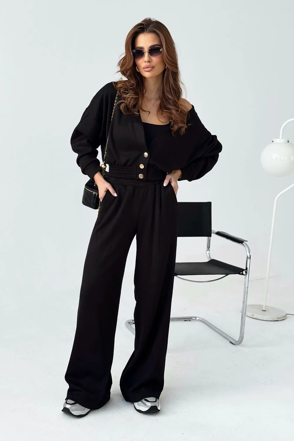 Loose sweater wide ribbing pants set