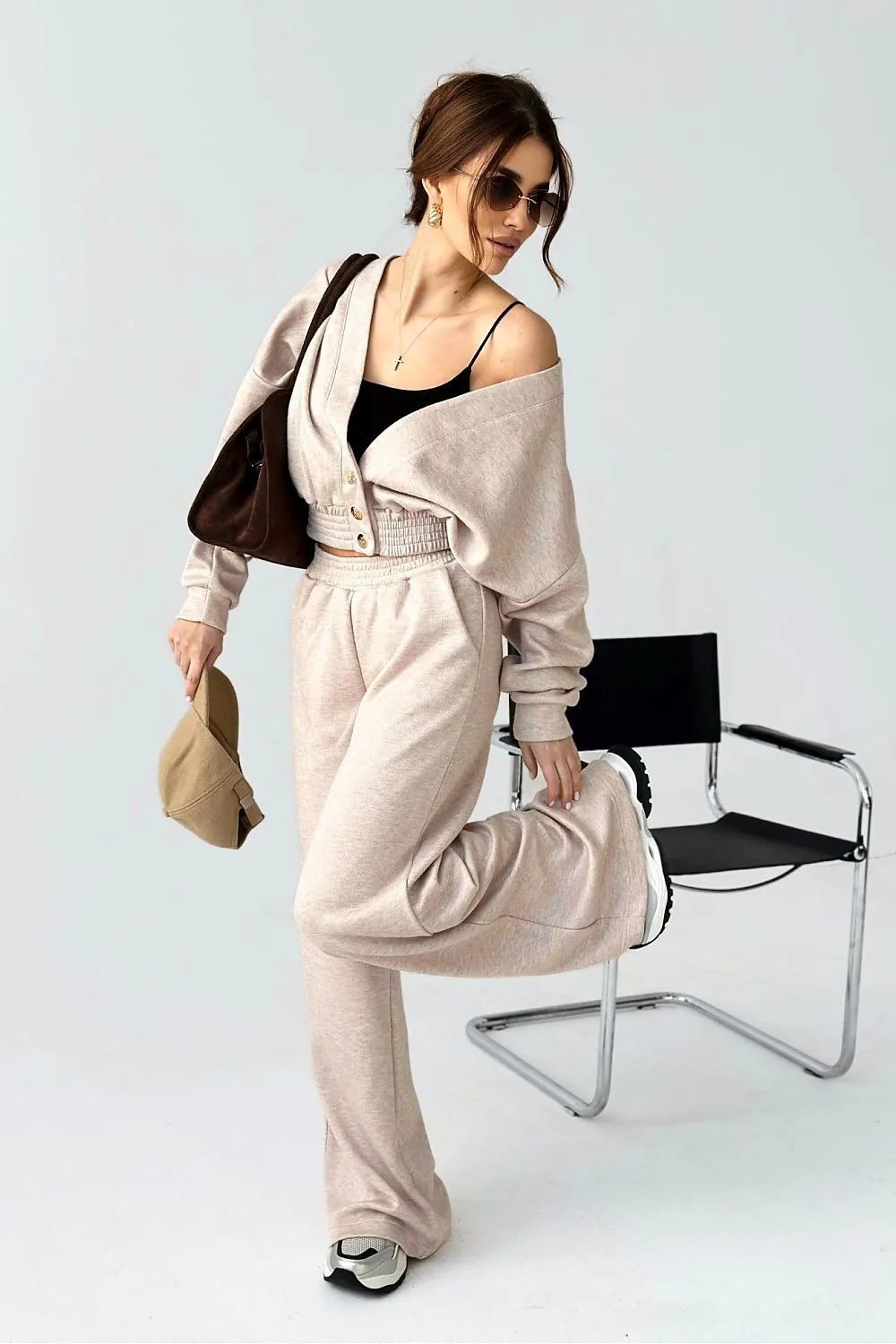 Loose sweater wide ribbing pants set