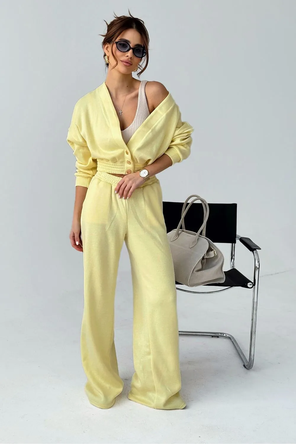 Loose sweater wide ribbing pants set