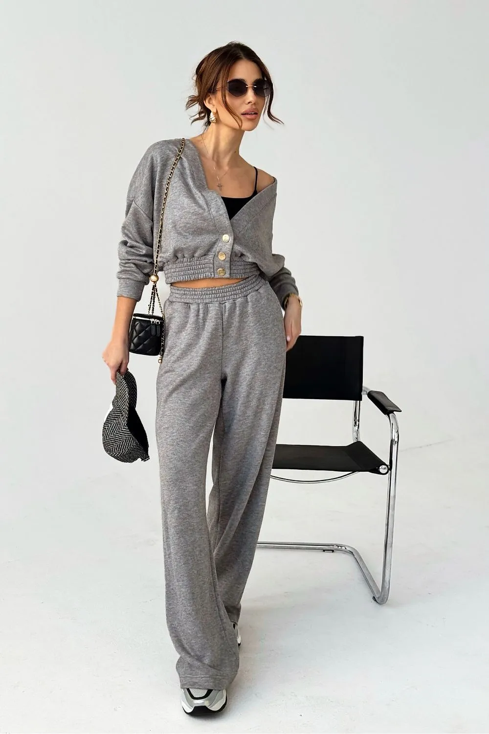 Loose sweater wide ribbing pants set