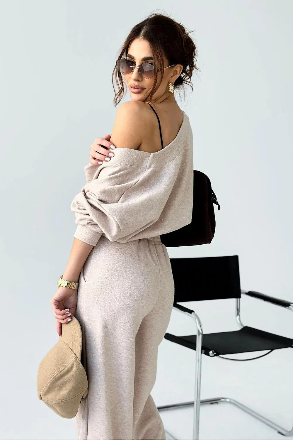 Loose sweater wide ribbing pants set