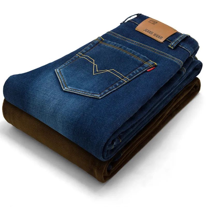 Mens Winter Stretch Thicken Jeans Warm Fleece High Quality Denim Biker Jean Pants Trousers Size 28-42