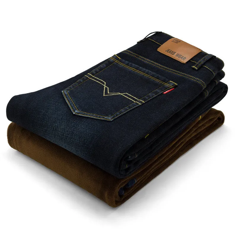 Mens Winter Stretch Thicken Jeans Warm Fleece High Quality Denim Biker Jean Pants Trousers Size 28-42