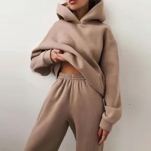 MOMENTLOVER New 's new women's cross-border autumn sweater set, solid color casual fashion sports trousers two-piece set