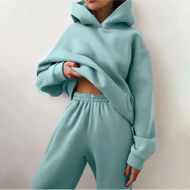 MOMENTLOVER New 's new women's cross-border autumn sweater set, solid color casual fashion sports trousers two-piece set
