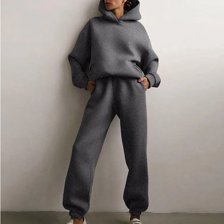 MOMENTLOVER New 's new women's cross-border autumn sweater set, solid color casual fashion sports trousers two-piece set