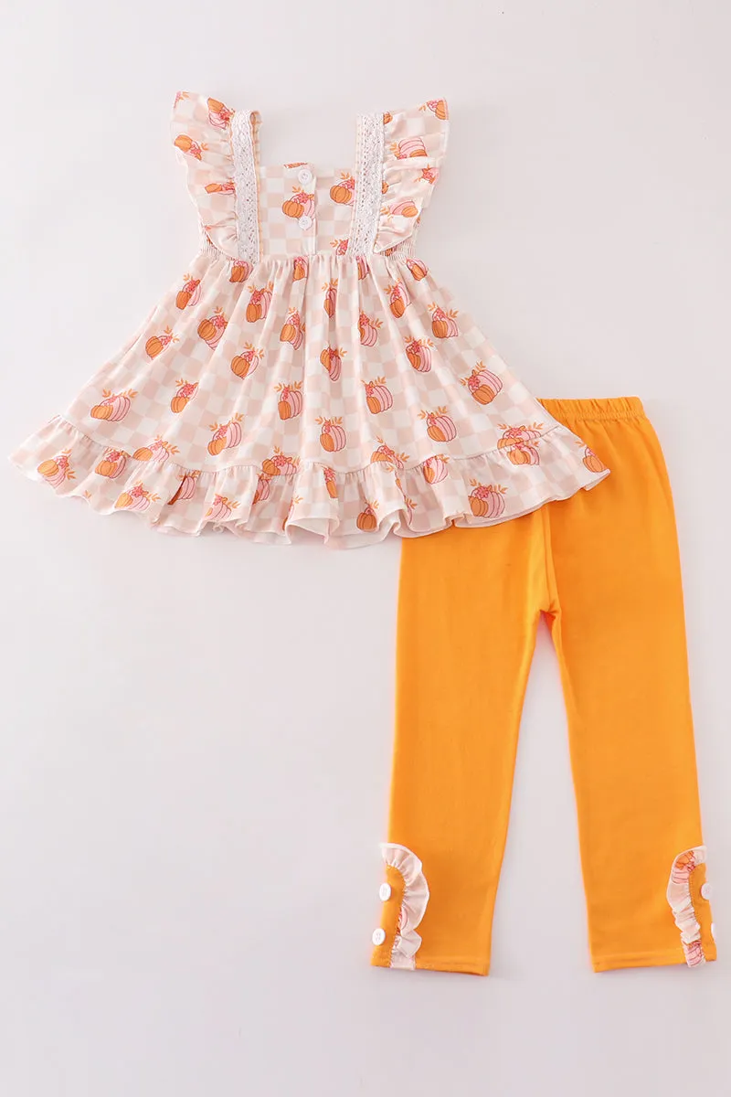 Orange Pumpkin Applique Girl Pants Set