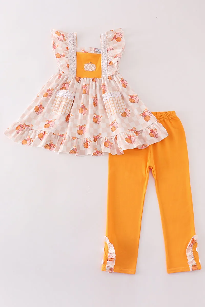 Orange Pumpkin Applique Girl Pants Set