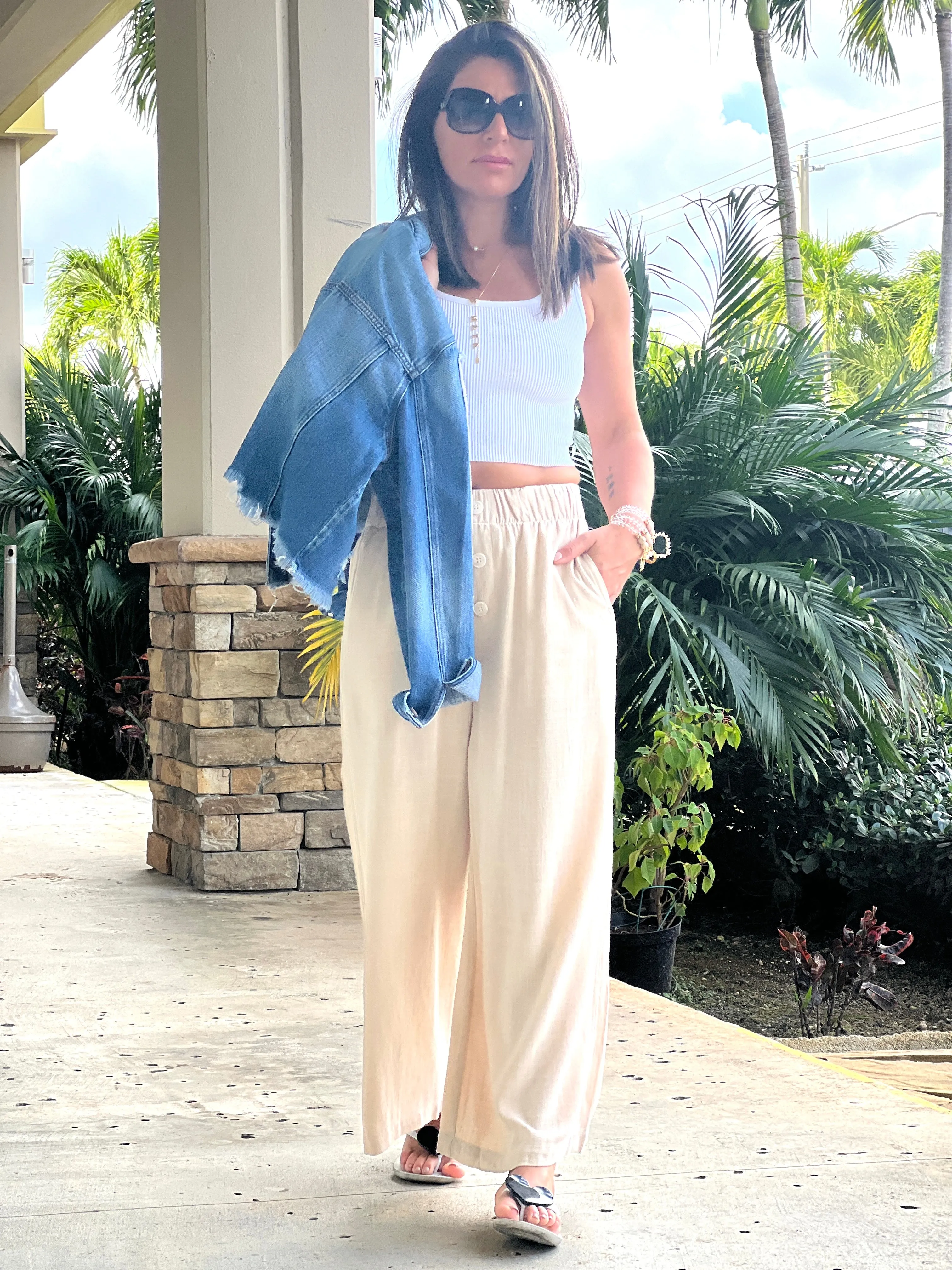 "Sara" Linen Elastic Waist Pants Pants