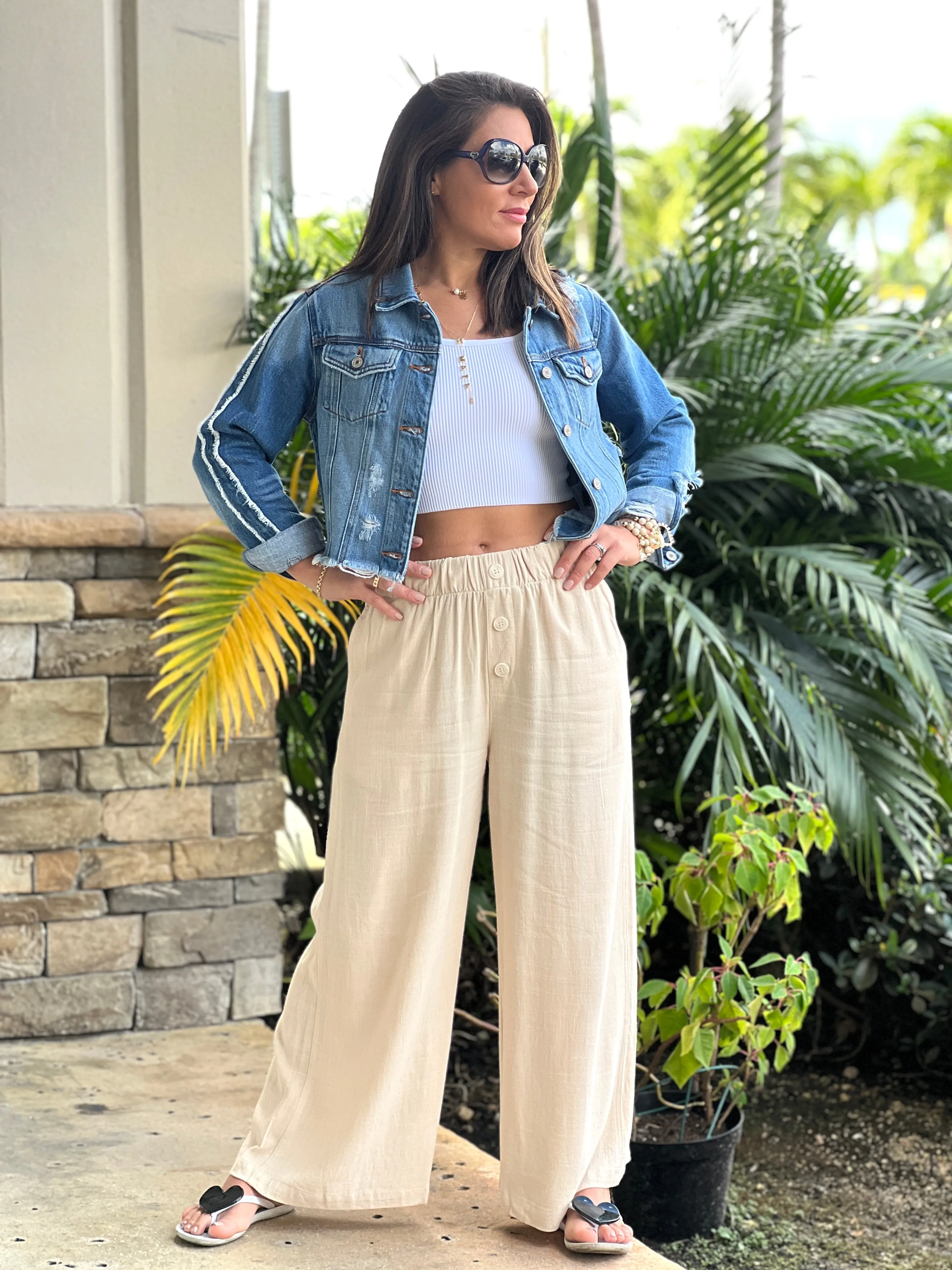 "Sara" Linen Elastic Waist Pants Pants