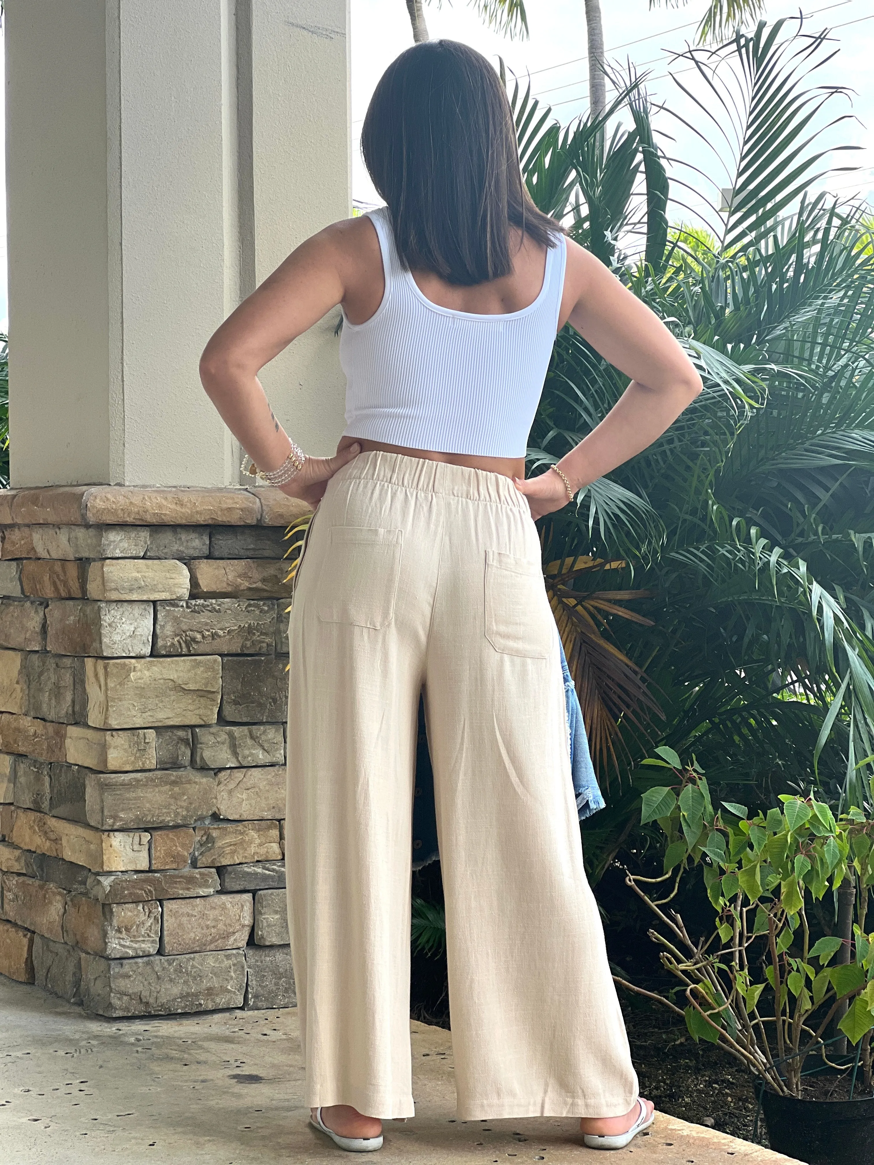 "Sara" Linen Elastic Waist Pants Pants