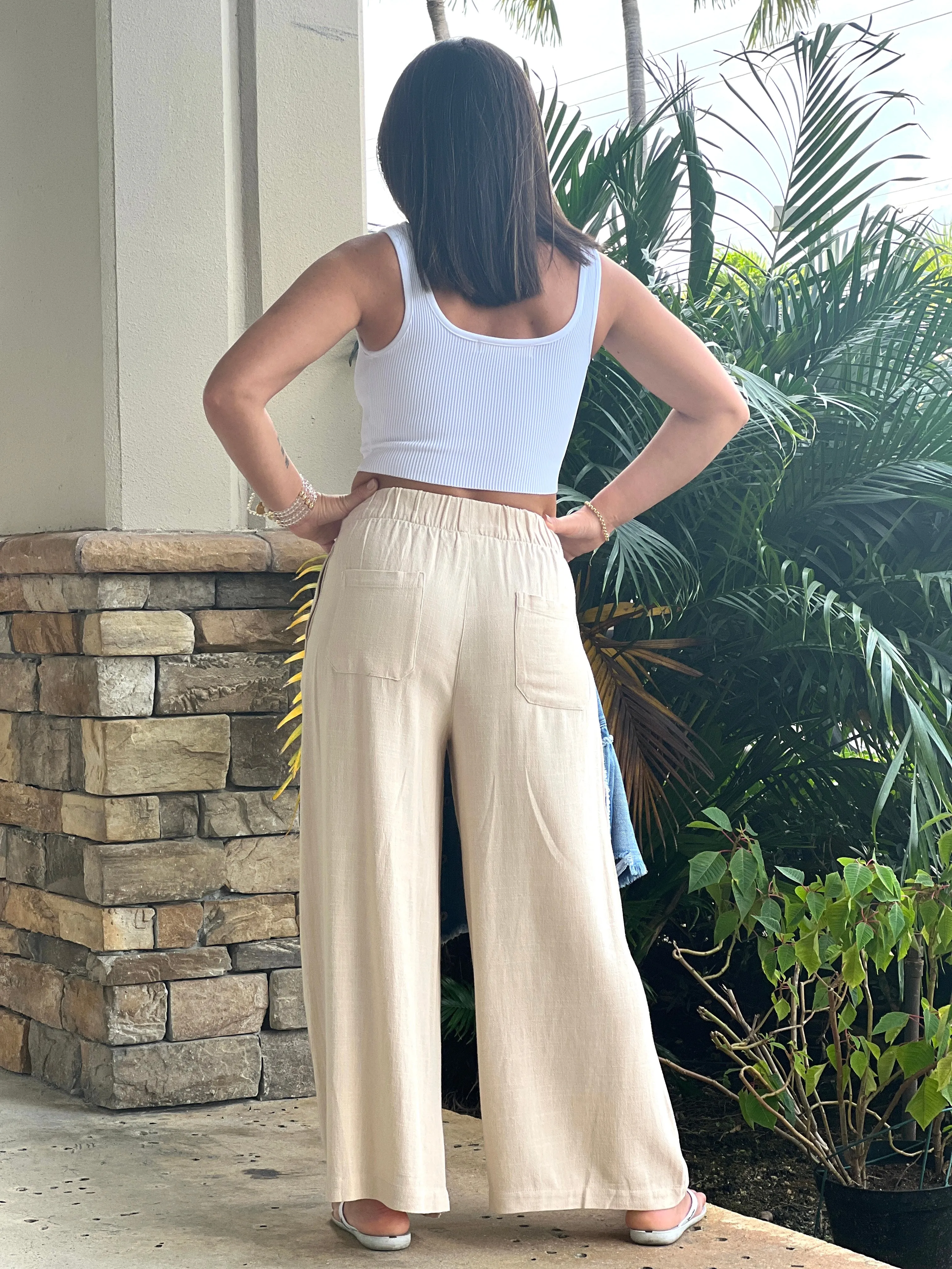 "Sara" Linen Elastic Waist Pants Pants