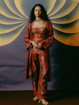 Red printed corset top, jacket and pant