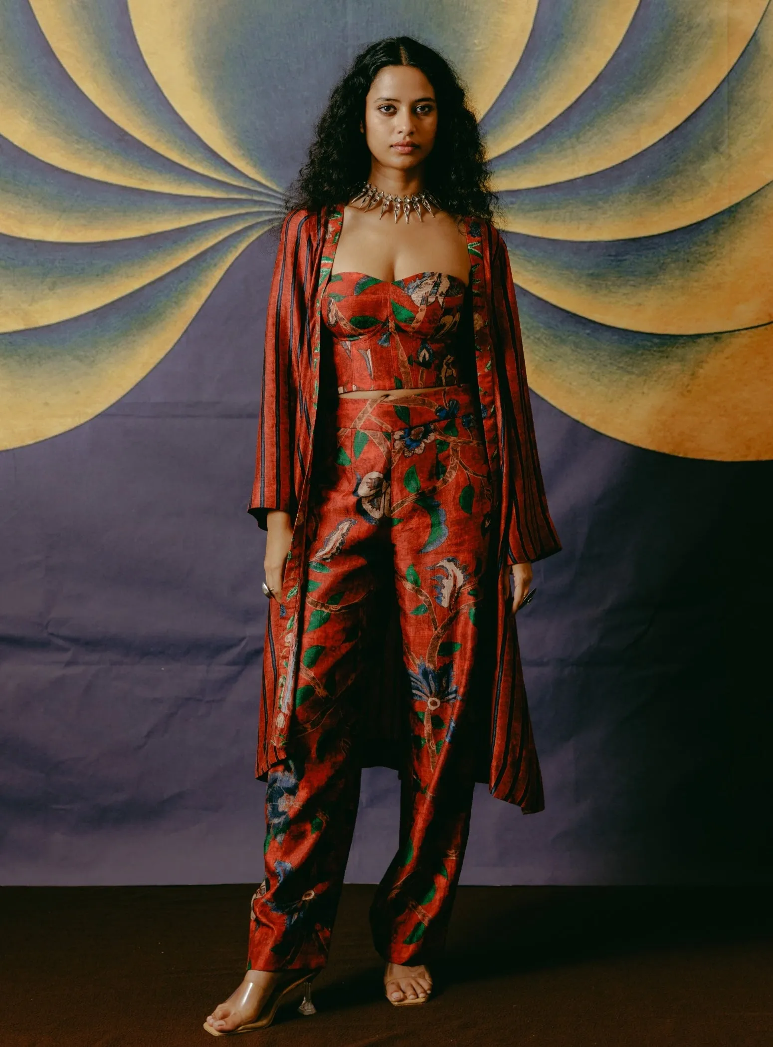 Red printed corset top, jacket and pant