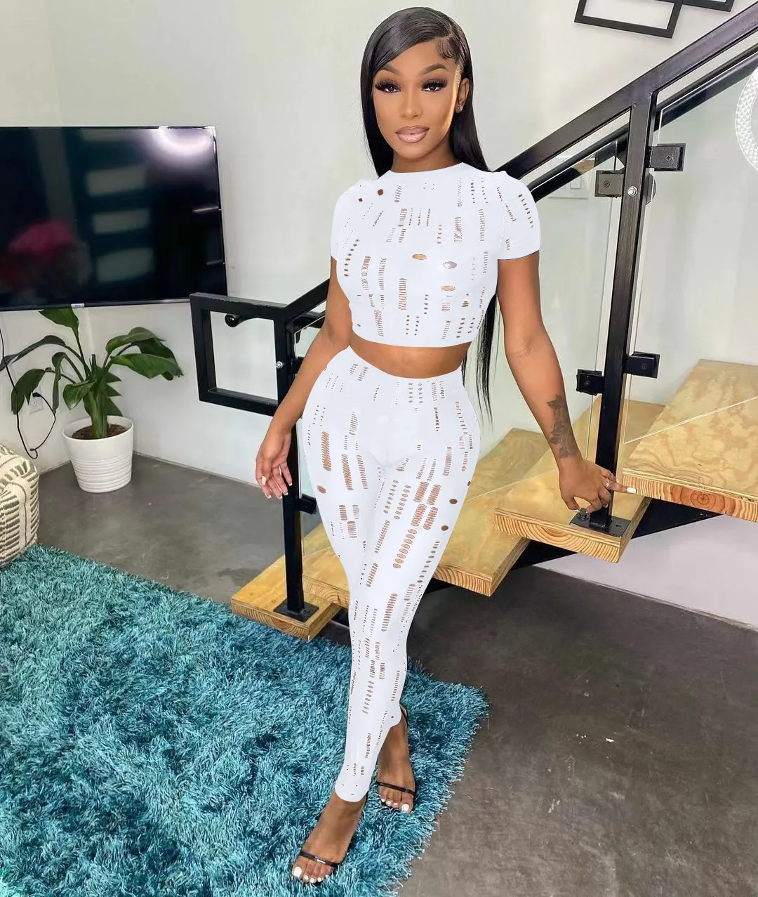 Ripped Crop Top & Pencil Pants Set