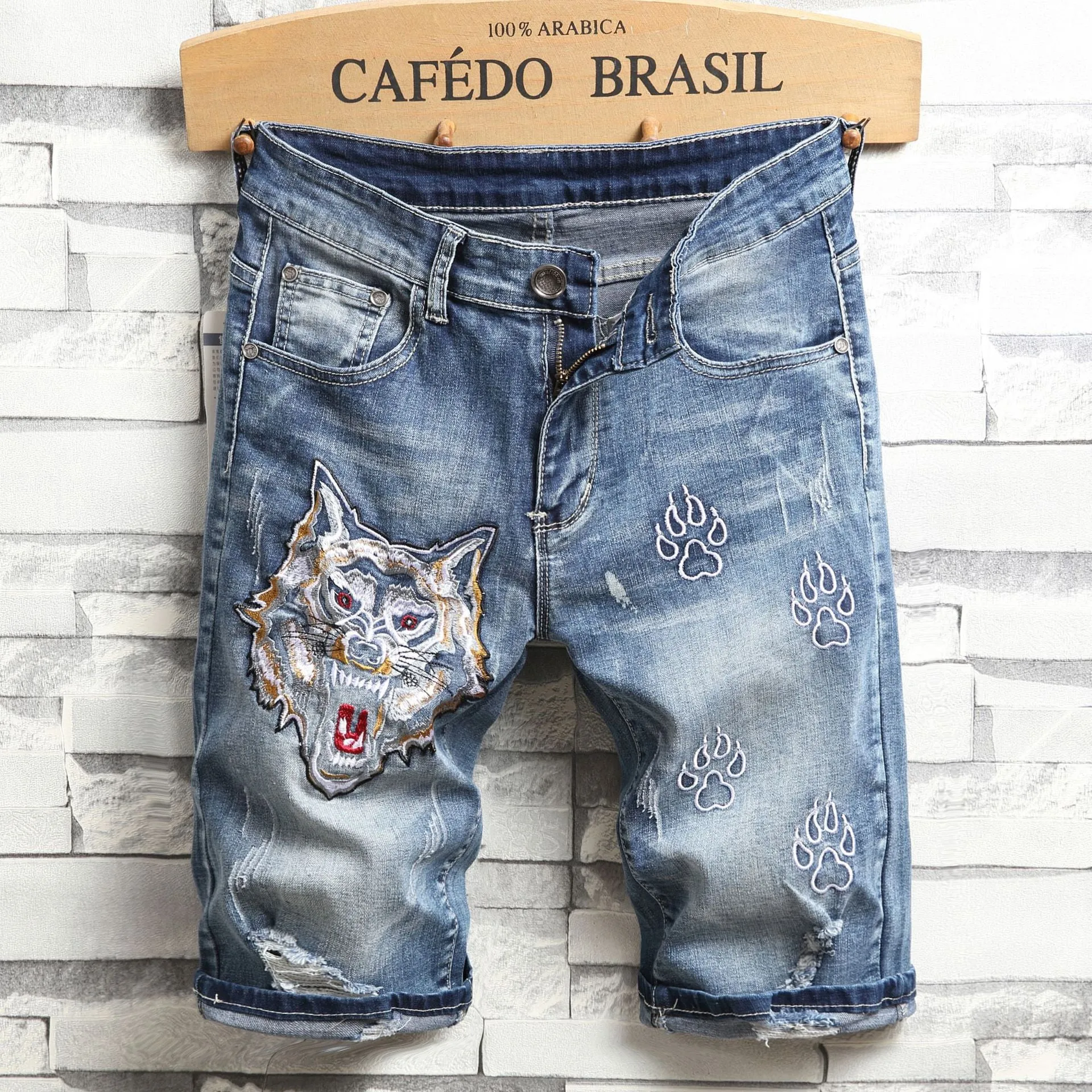 Ripped Denim Shorts Men's Five-Point Pants Slim Straight Leg Pants Trendy Men's Clothing