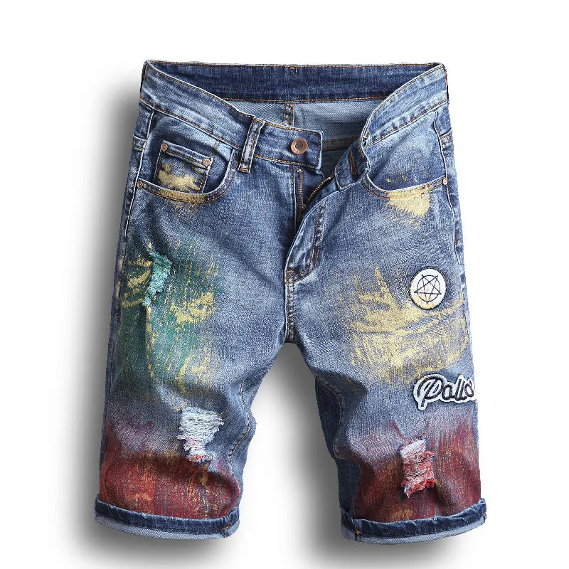 Ripped Denim Shorts Men's Five-Point Pants Slim Straight Leg Pants Trendy Men's Clothing