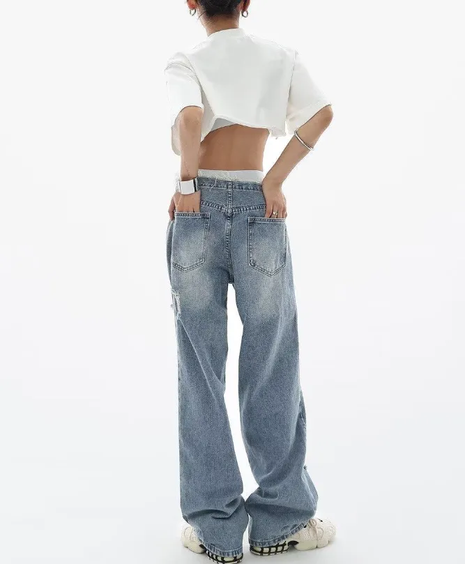 Ripped Jeans Women's High Waist Trendy High-looking Versatile Slimming Straight-leg Wide-leg Pants