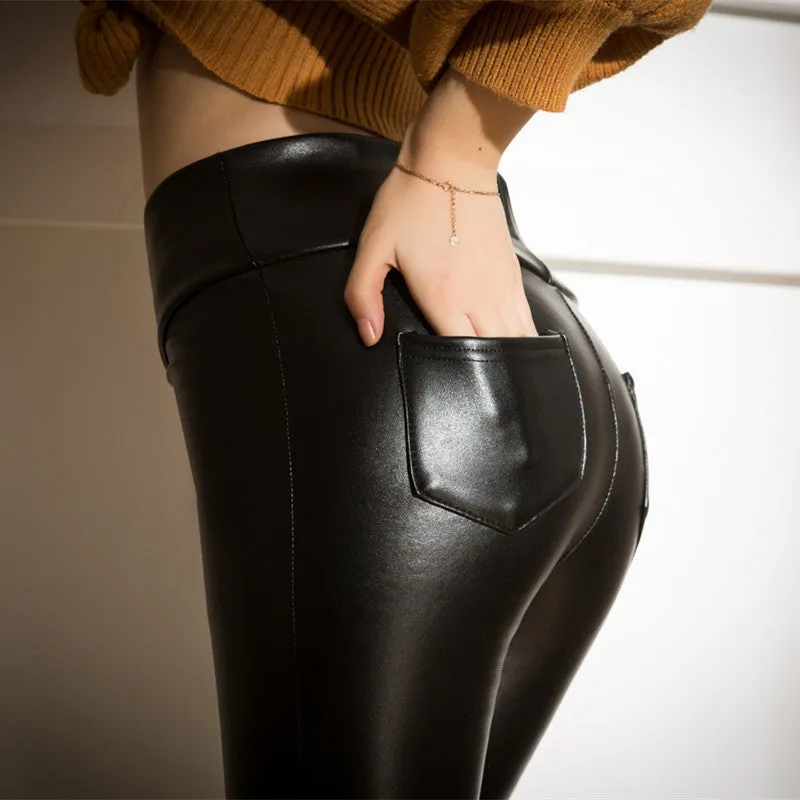 Soft Cashmere Warm PU Leather Pants Back Pocket Elastic Slim Skinny Leather Leggings High Waist Trousers Women
