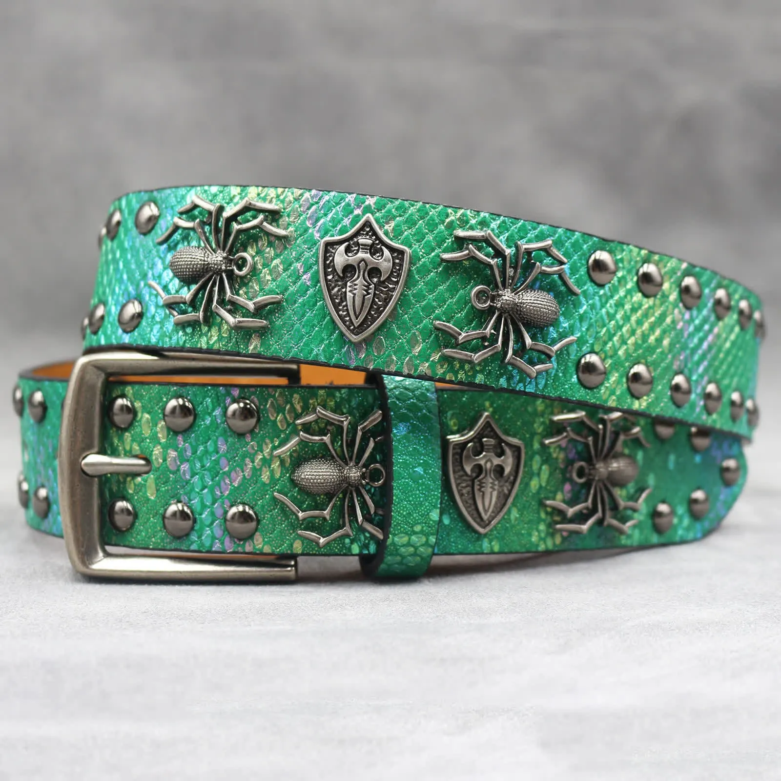 Spider Shape Studded Snakeskin Pattern Leather Belt