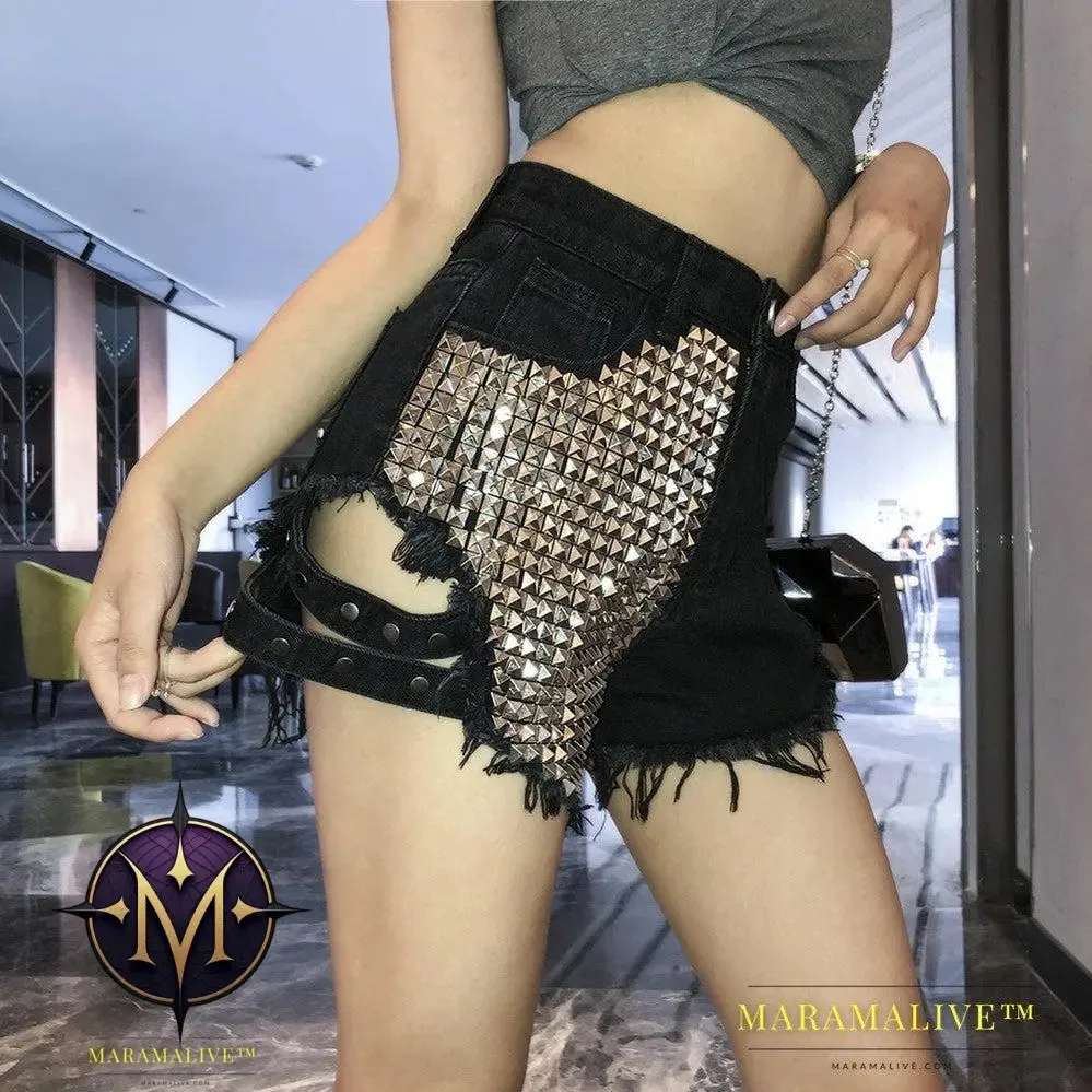 Studded denim shorts with loose high waist