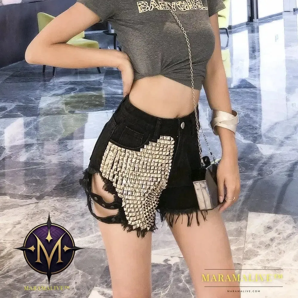 Studded denim shorts with loose high waist