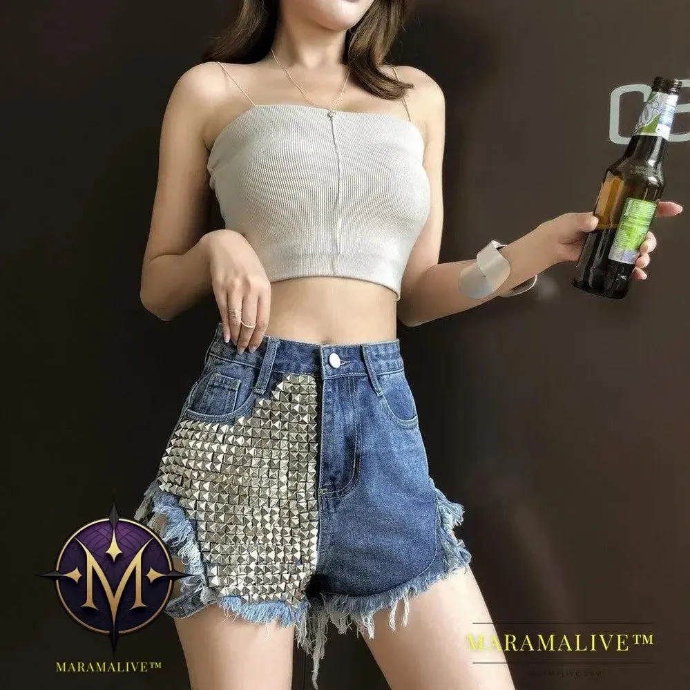 Studded denim shorts with loose high waist