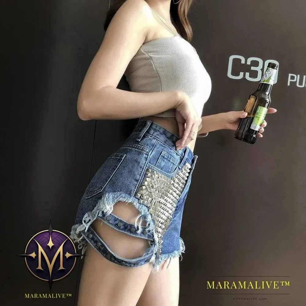 Studded denim shorts with loose high waist