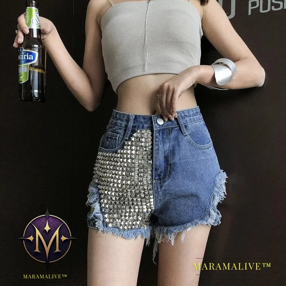 Studded denim shorts with loose high waist