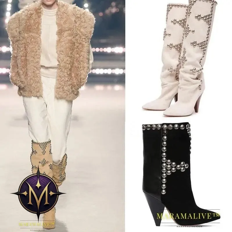 Studded Wedge Heel Point Toe Over-the-knee Boots
