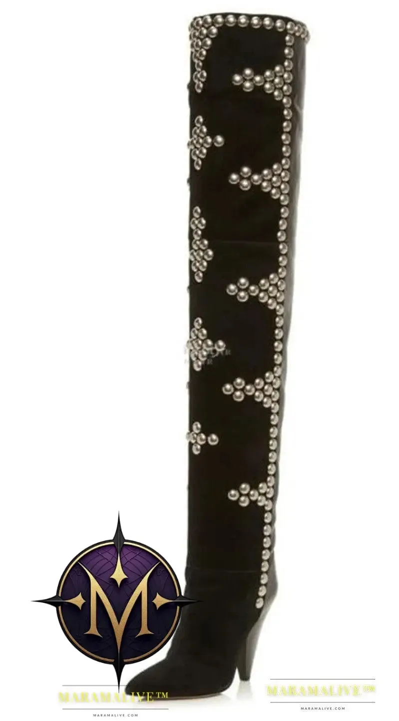 Studded Wedge Heel Point Toe Over-the-knee Boots