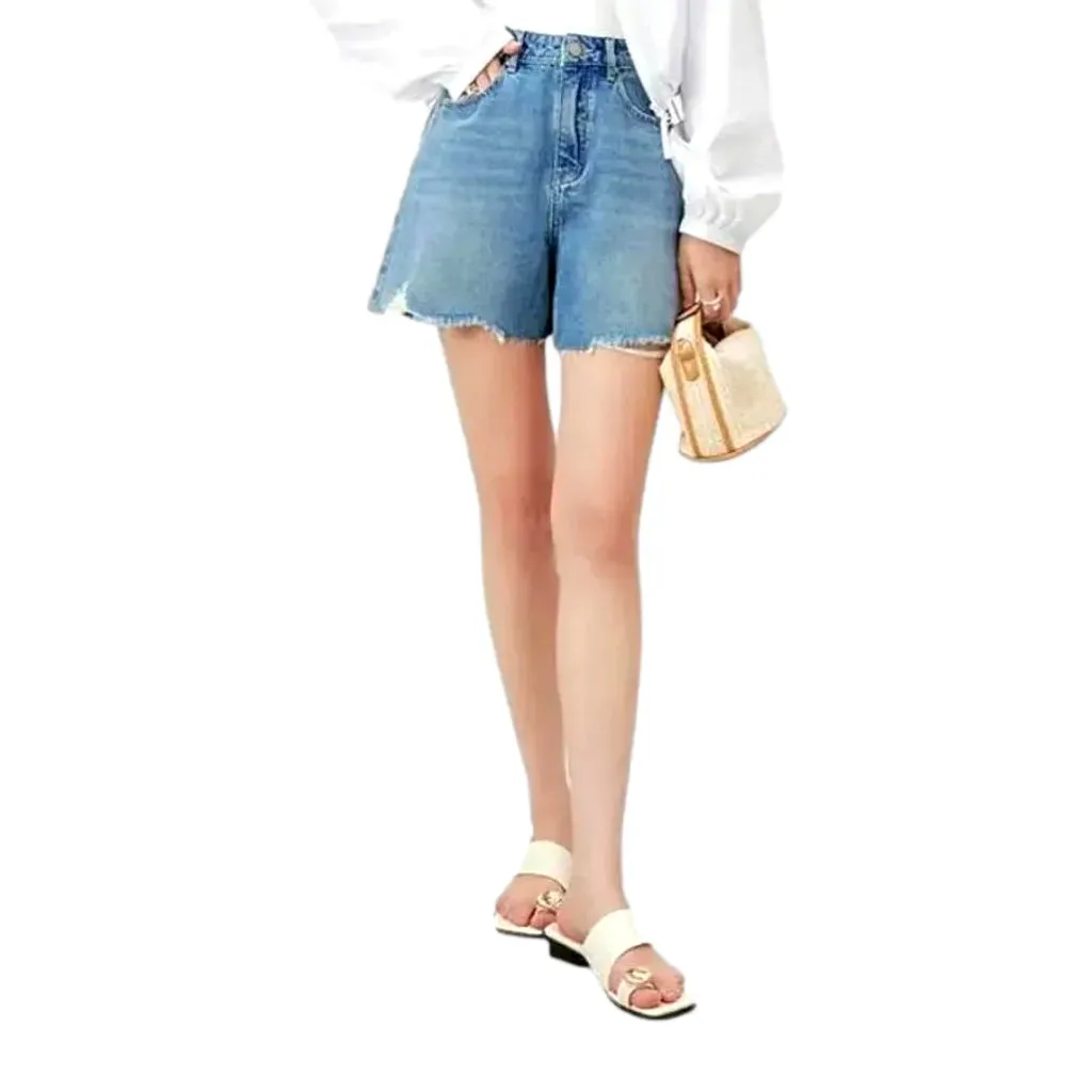 Torn raw hem wide fit women's denim shorts