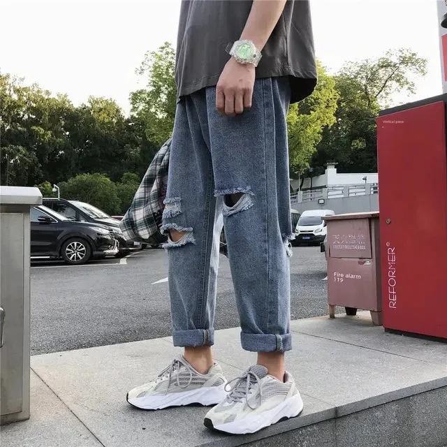 TravelFlex Herren Sommerjeans mit Löchern und Neun-Punkte-Länge
