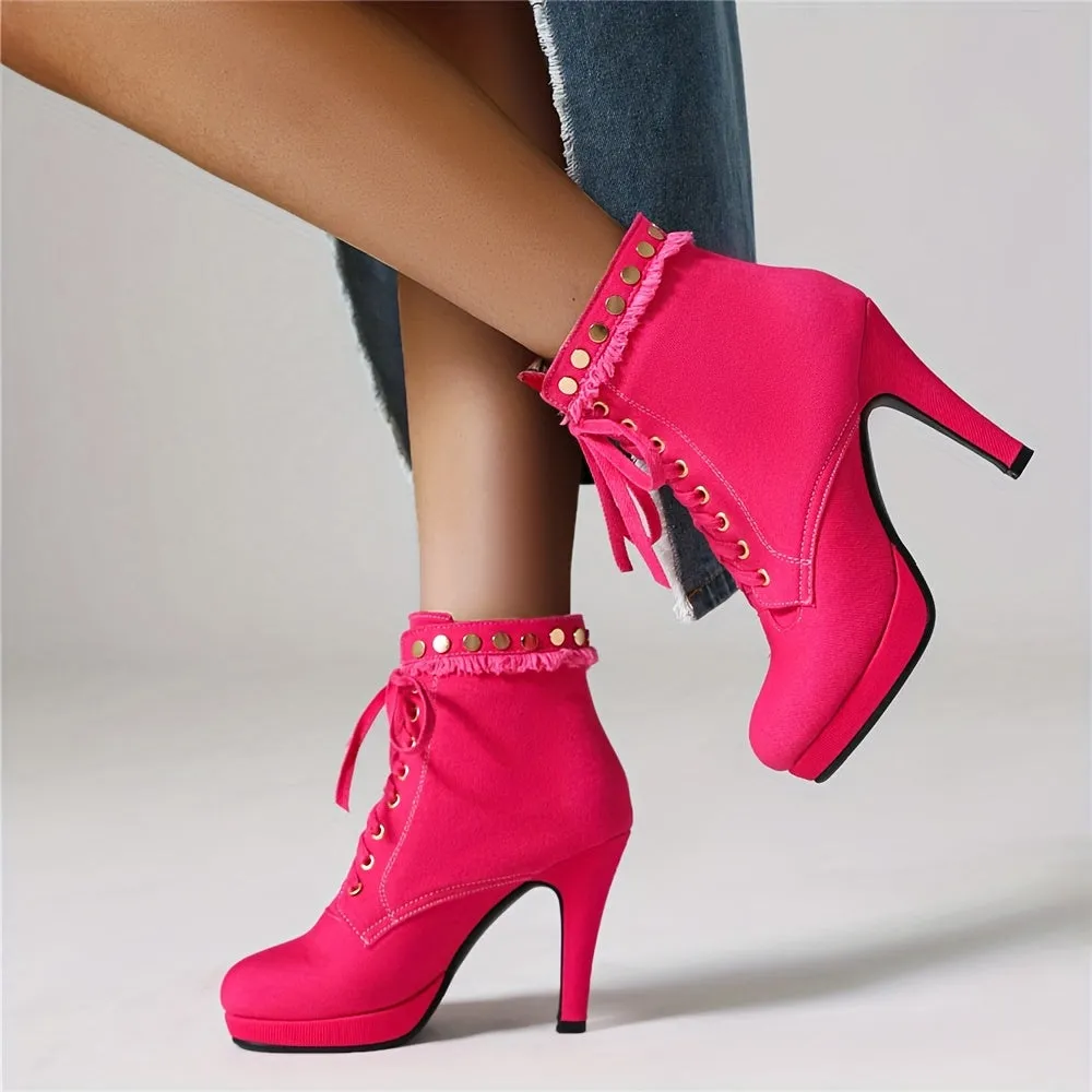 Trendy Womens Studded Denim Chunky Heel Booties