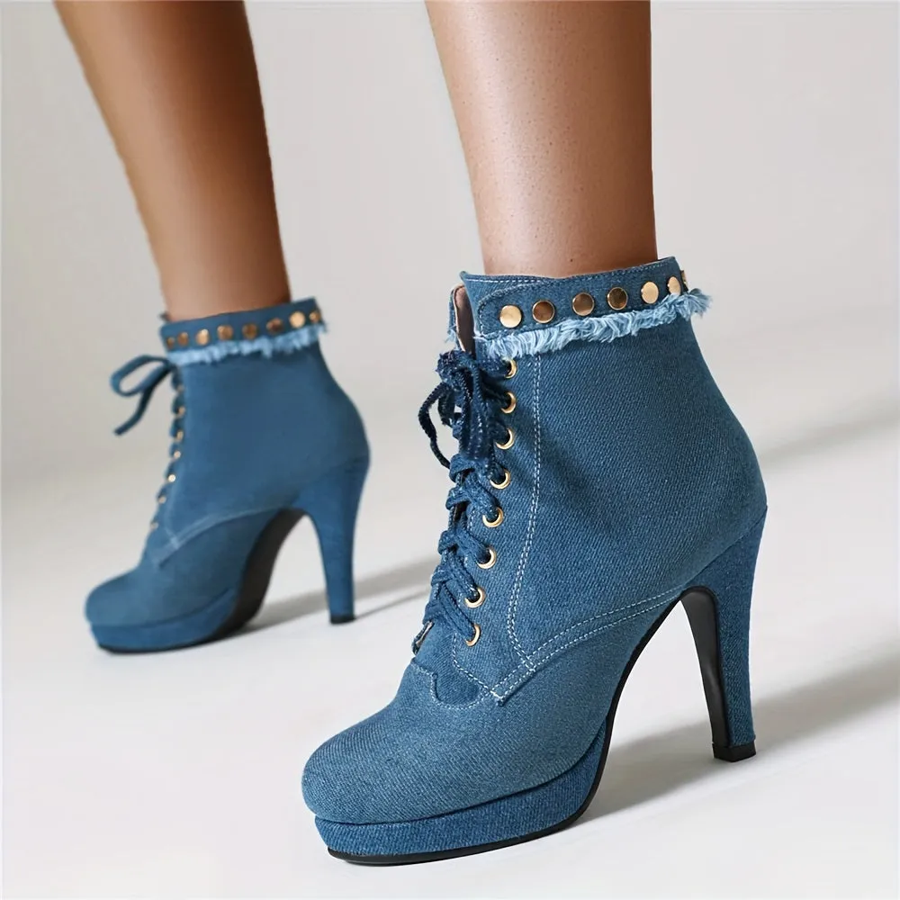 Trendy Womens Studded Denim Chunky Heel Booties