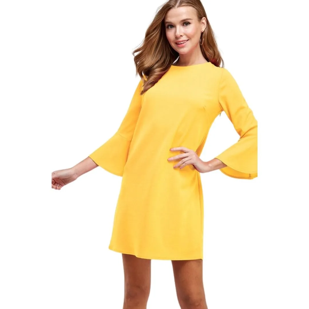 Two Hearts Yellow Bell Sleeve Shift Dress D3034-YELLOW