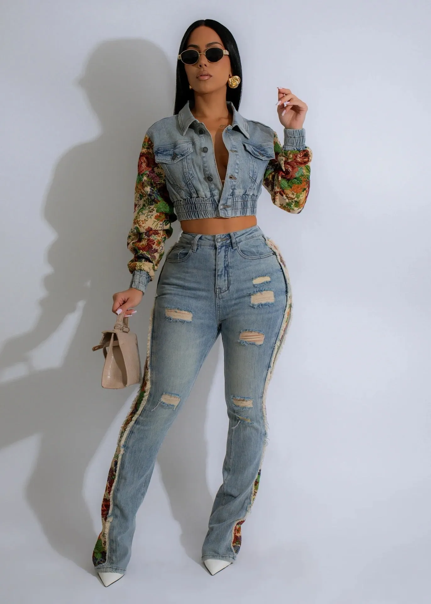 Vintage Patchwork Crop Jacket and Distressed Denim Pants Two-Piece Set