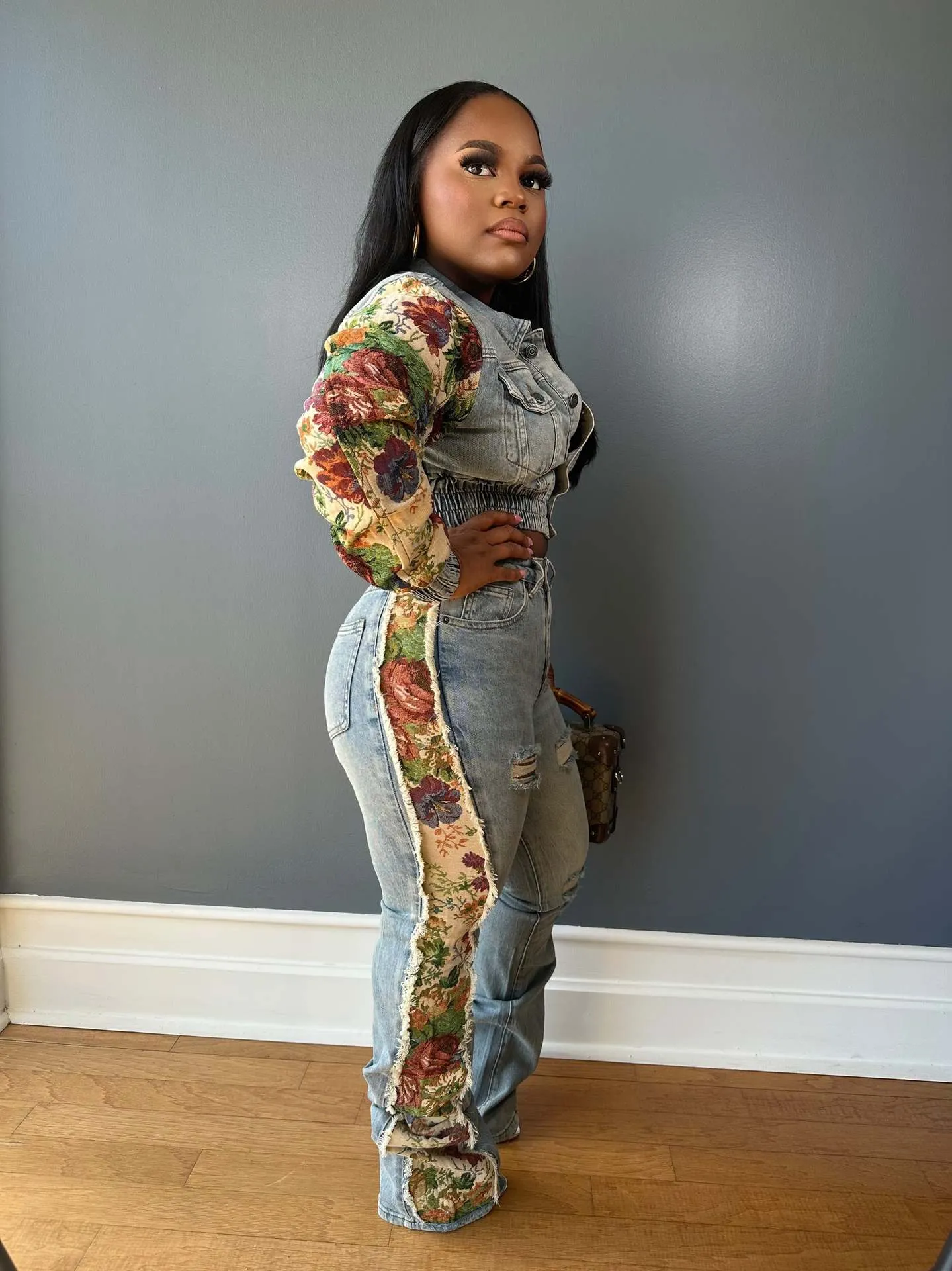 Vintage Patchwork Crop Jacket and Distressed Denim Pants Two-Piece Set