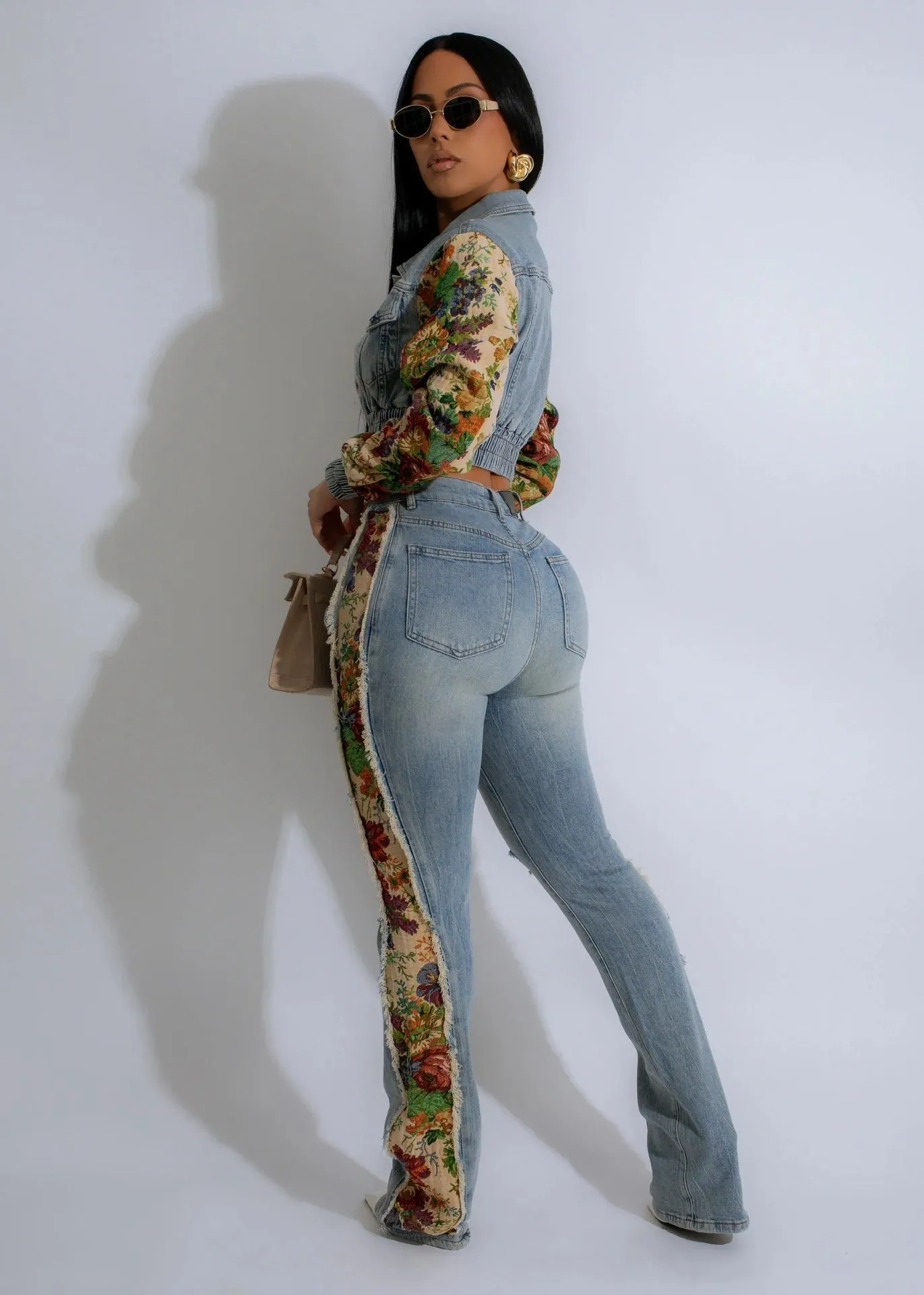 Vintage Patchwork Crop Jacket and Distressed Denim Pants Two-Piece Set