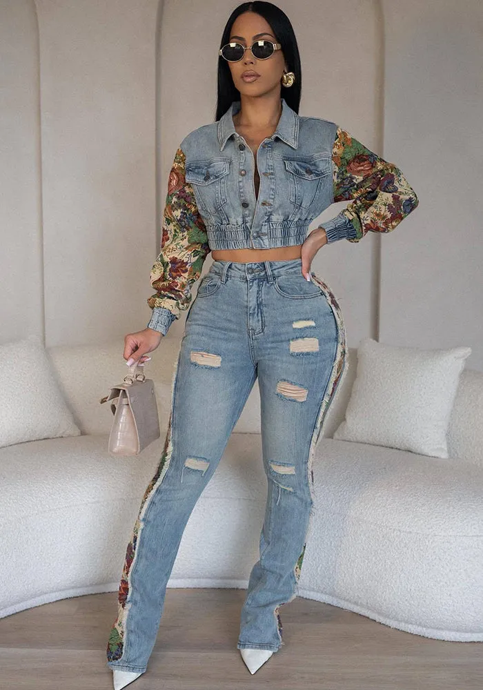 Vintage Patchwork Crop Jacket and Distressed Denim Pants Two-Piece Set