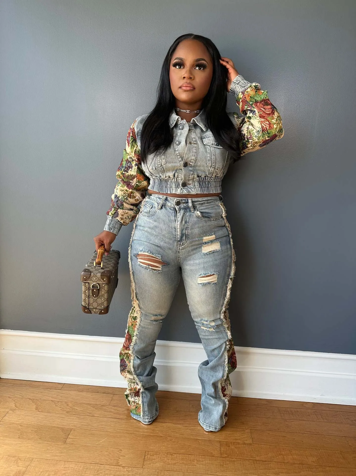 Vintage Patchwork Crop Jacket and Distressed Denim Pants Two-Piece Set