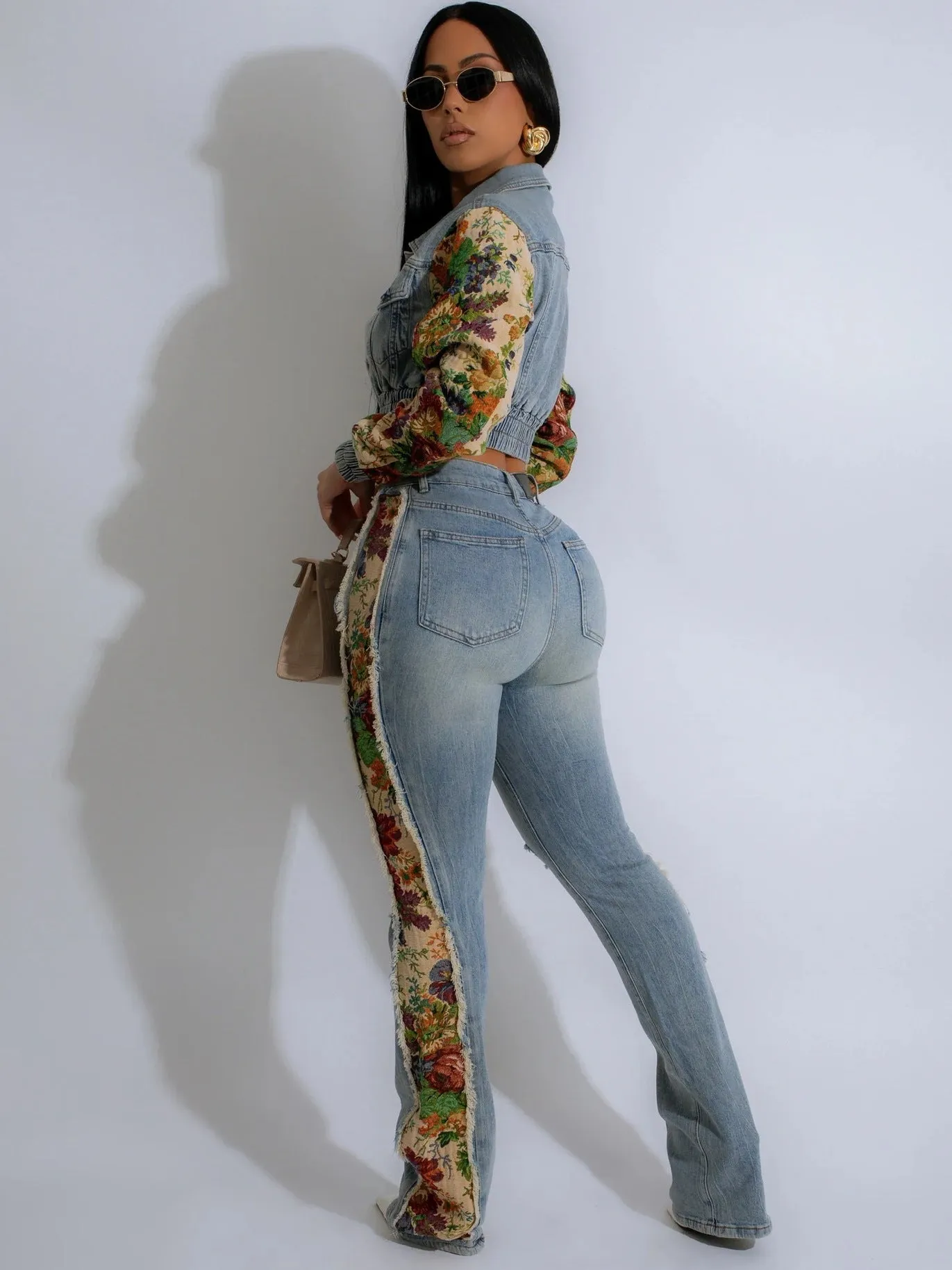 Vintage Patchwork Crop Jacket and Distressed Denim Pants Two-Piece Set