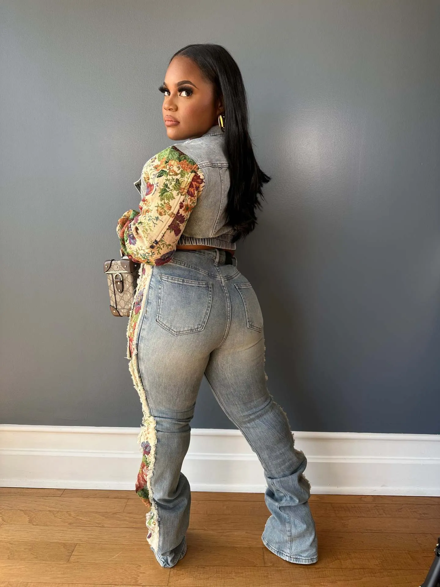 Vintage Patchwork Crop Jacket and Distressed Denim Pants Two-Piece Set