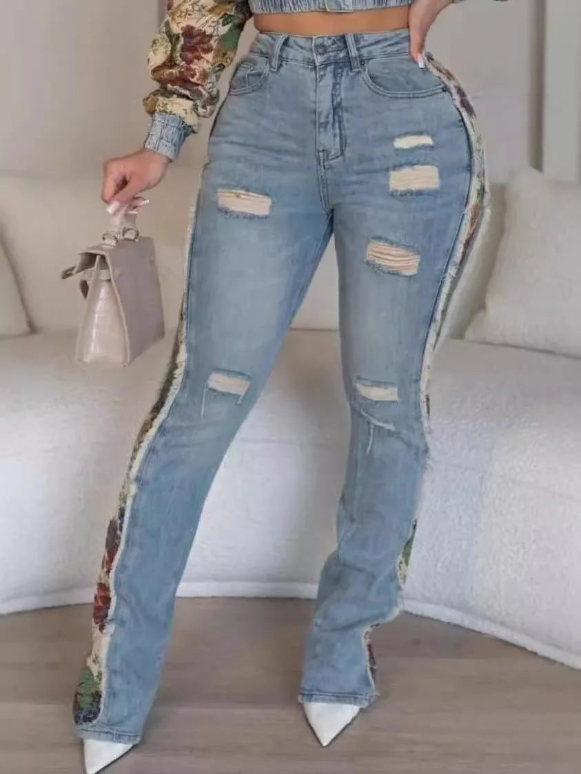 Vintage Patchwork Crop Jacket and Distressed Denim Pants Two-Piece Set