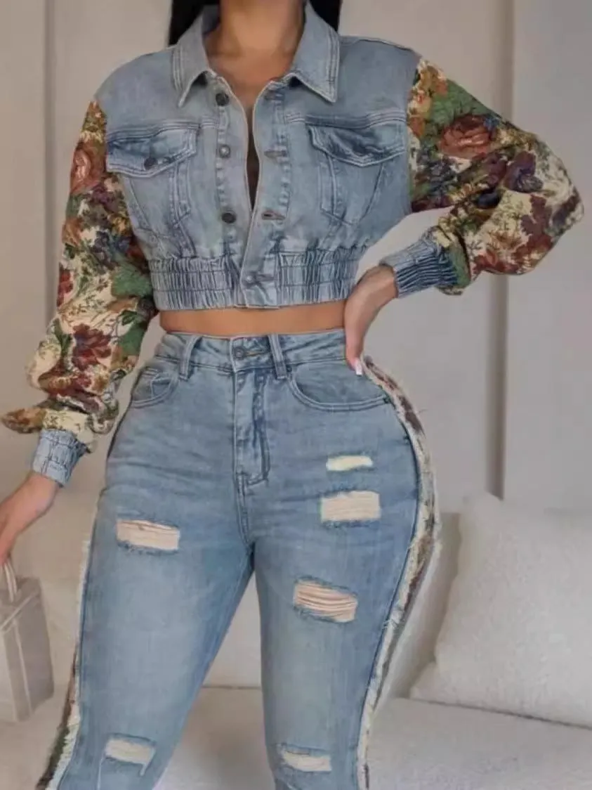 Vintage Patchwork Crop Jacket and Distressed Denim Pants Two-Piece Set