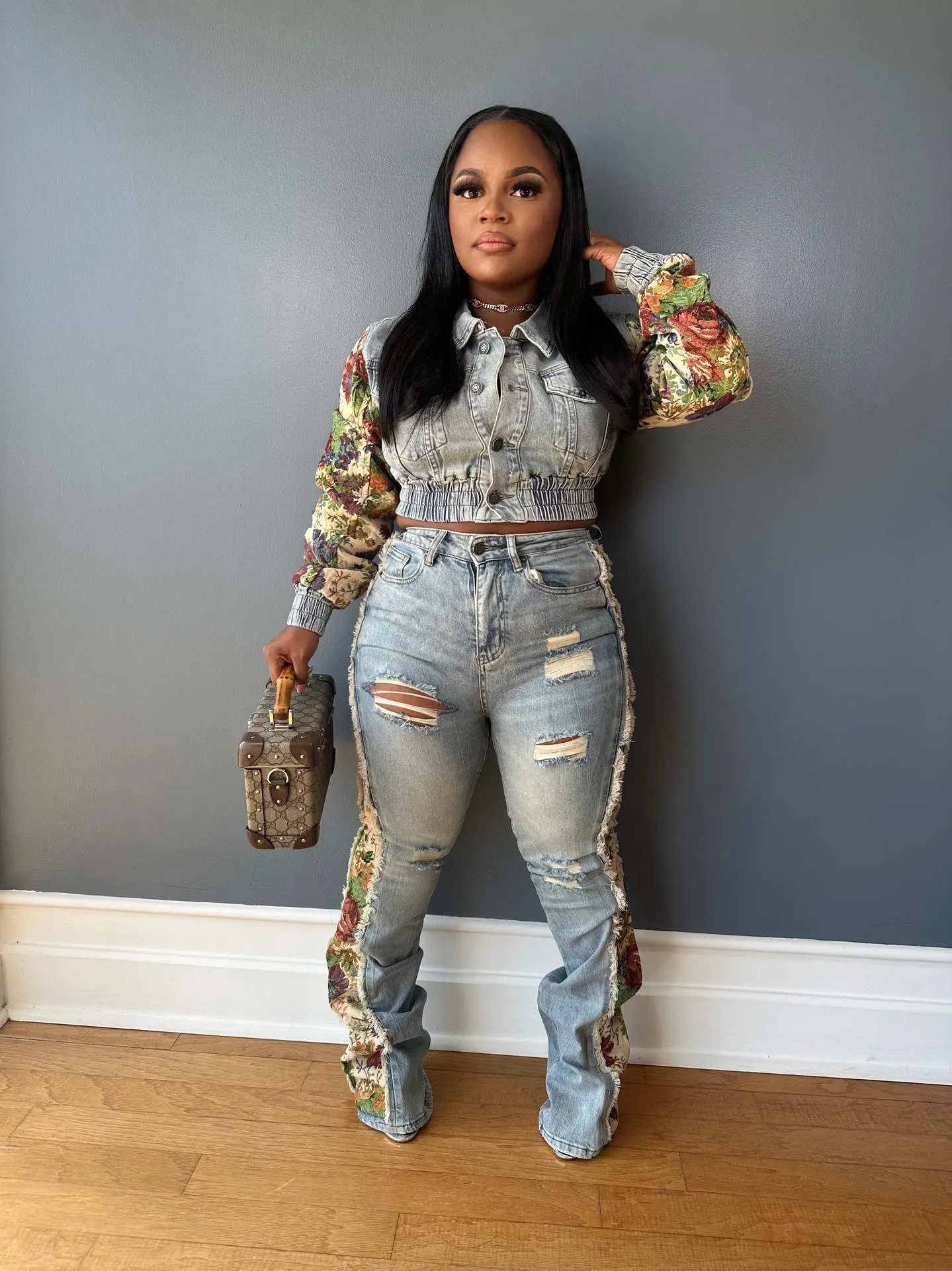 Vintage Patchwork Crop Jacket and Distressed Denim Pants Two-Piece Set