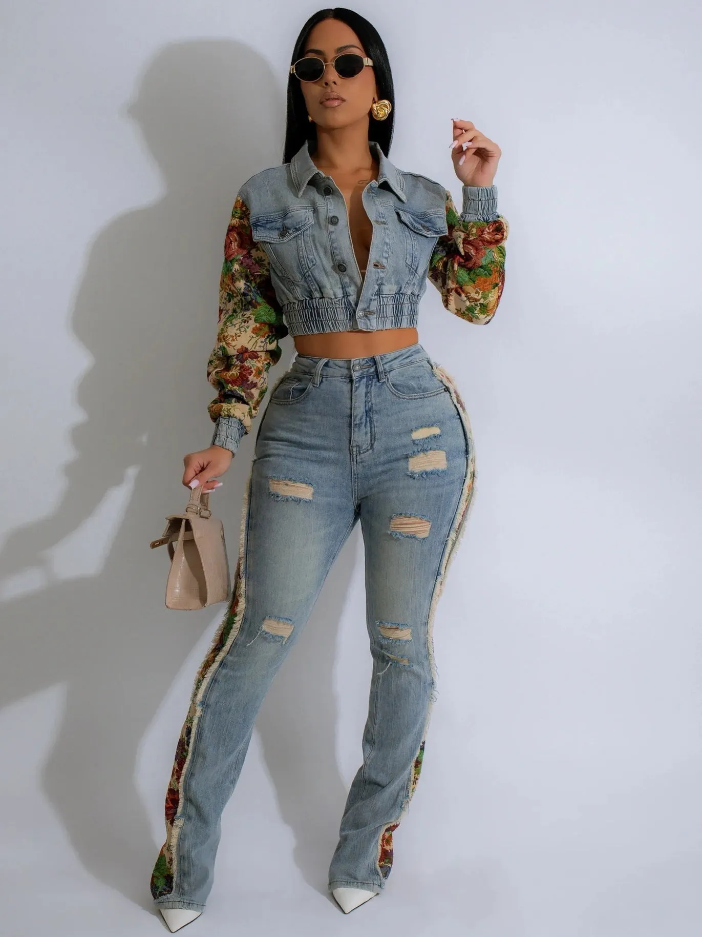 Vintage Patchwork Crop Jacket and Distressed Denim Pants Two-Piece Set