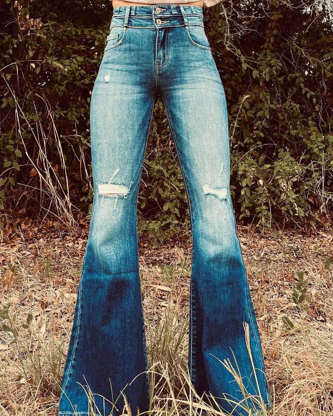 Washed Gradient Distressed Flared Jeans